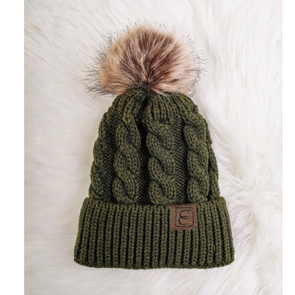 Army Green Cable Knit Beanie Hat Faux Fur Pom Pom - Picture 2 of 11